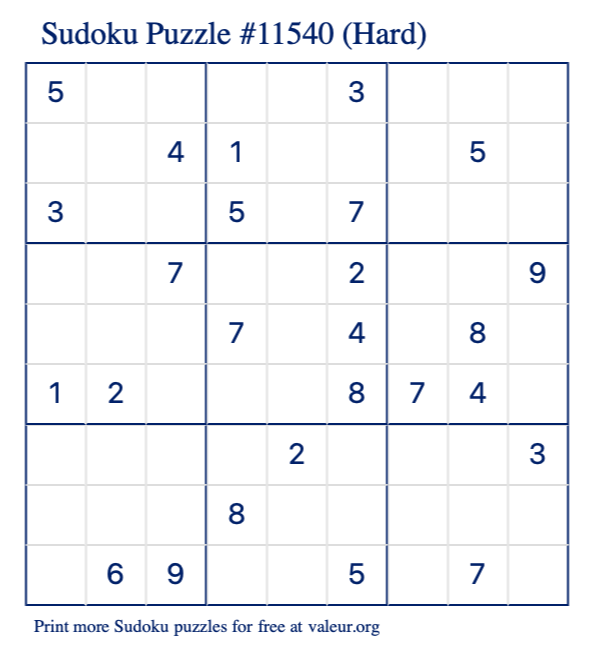 Free Printable Hard Sudoku Puzzle number 11540