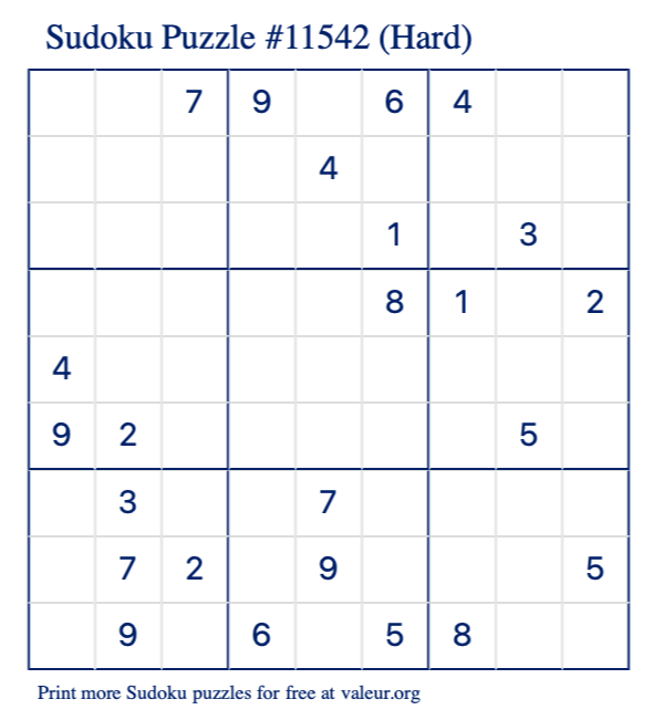 Free Printable Hard Sudoku Puzzle number 11542