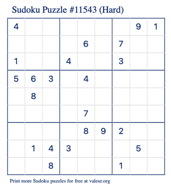 Free Printable Hard Sudoku Puzzle number 11543