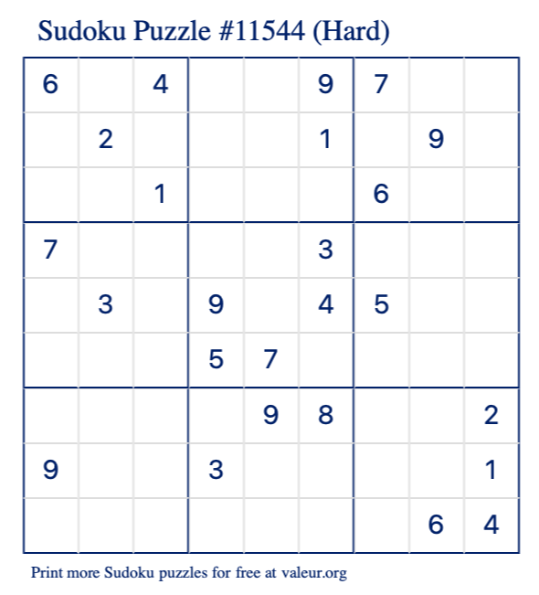 Free Printable Hard Sudoku Puzzle number 11544