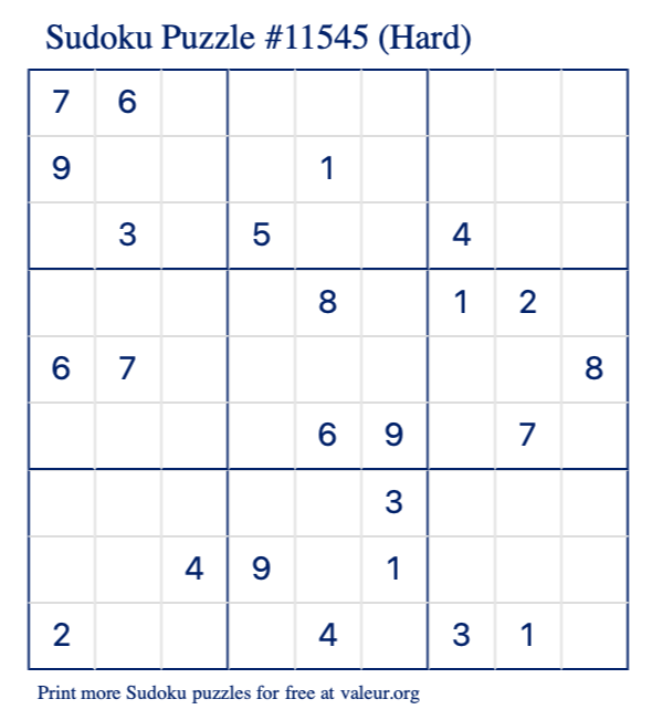 Free Printable Hard Sudoku Puzzle number 11545