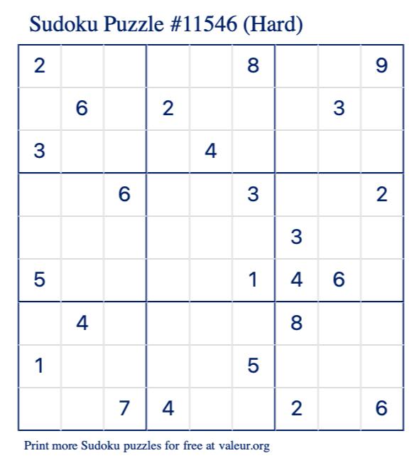 Free Printable Hard Sudoku Puzzle number 11546