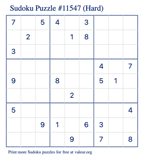 Free Printable Hard Sudoku Puzzle number 11547
