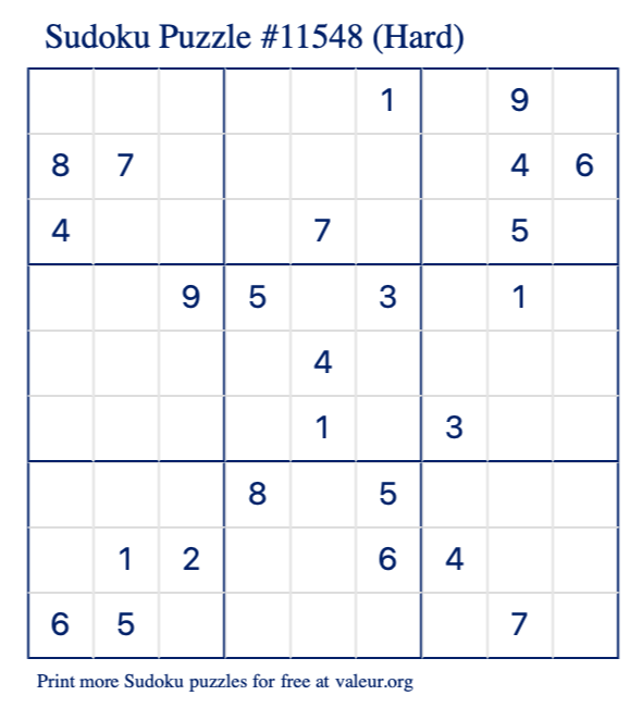 Free Printable Hard Sudoku Puzzle number 11548