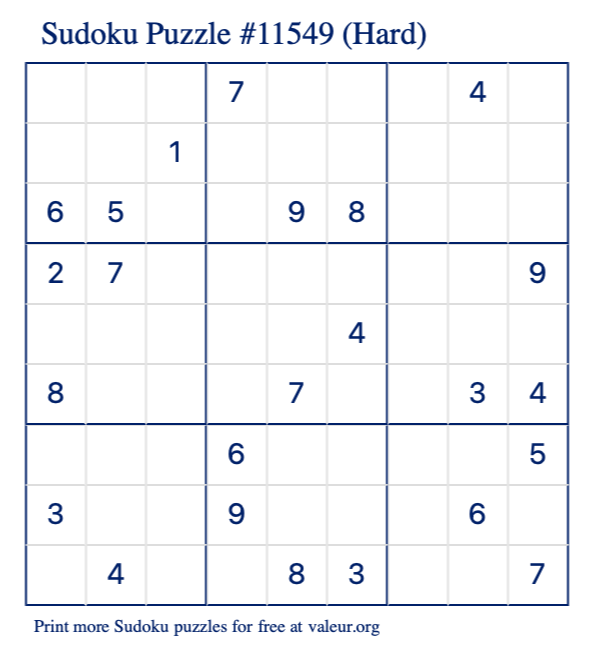 Free Printable Hard Sudoku Puzzle number 11549