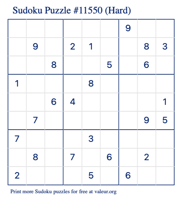Free Printable Hard Sudoku Puzzle number 11550