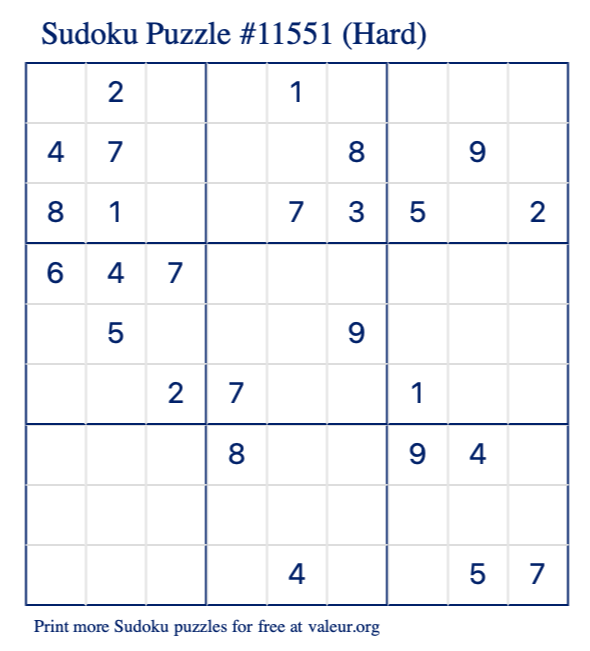 Free Printable Hard Sudoku Puzzle number 11551