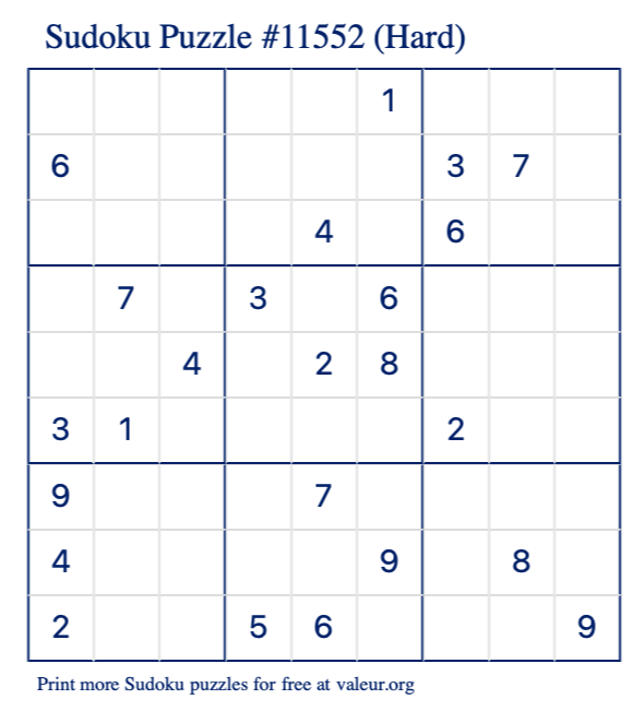 Free Printable Hard Sudoku Puzzle number 11552