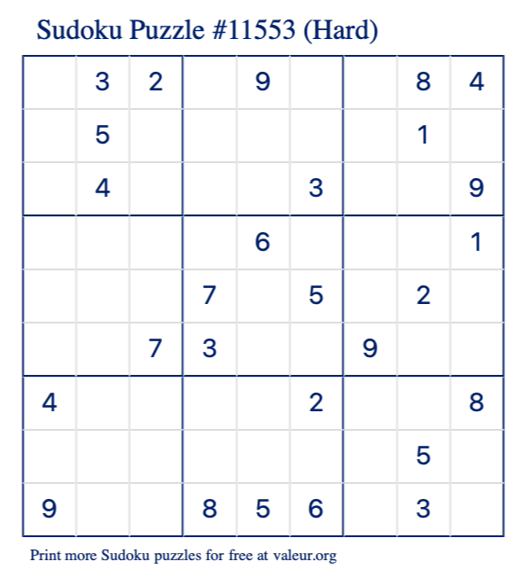 Free Printable Hard Sudoku Puzzle number 11553