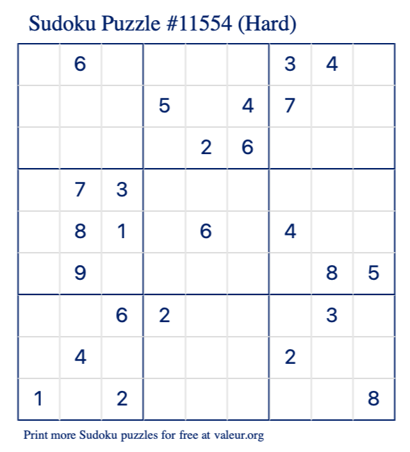Free Printable Hard Sudoku Puzzle number 11554