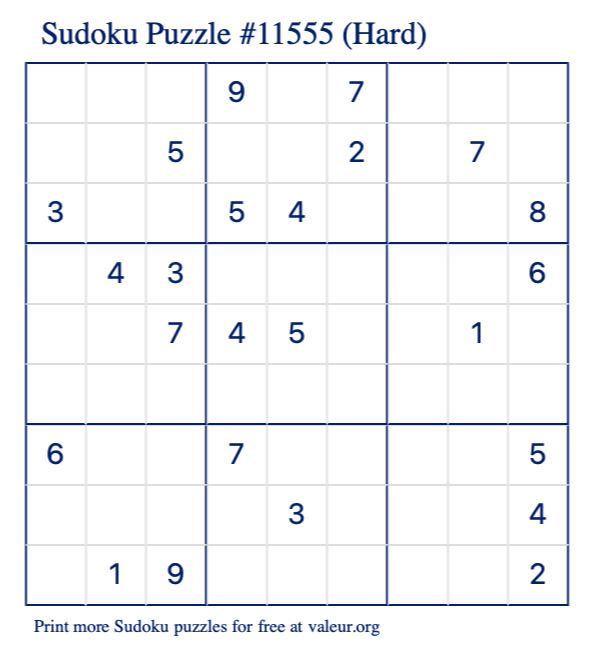 Free Printable Hard Sudoku Puzzle number 11555