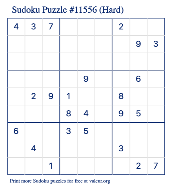 Free Printable Hard Sudoku Puzzle number 11556