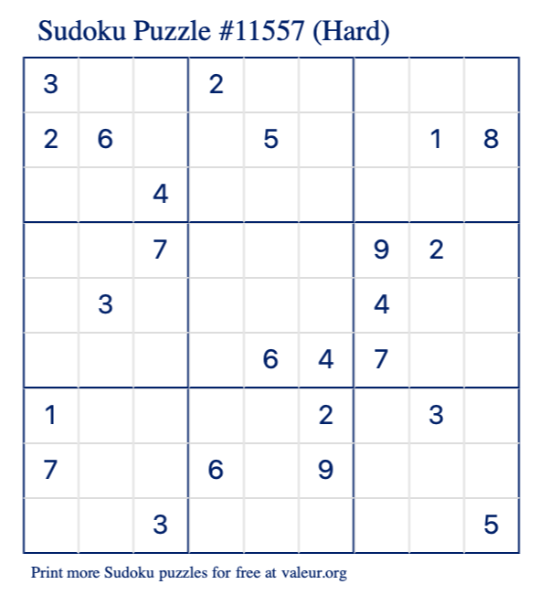 Free Printable Hard Sudoku Puzzle number 11557