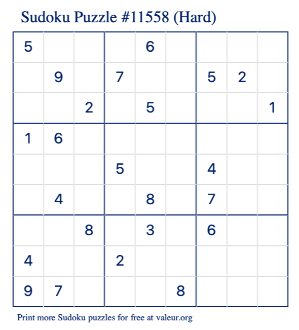 Free Printable Hard Sudoku Puzzle number 11558