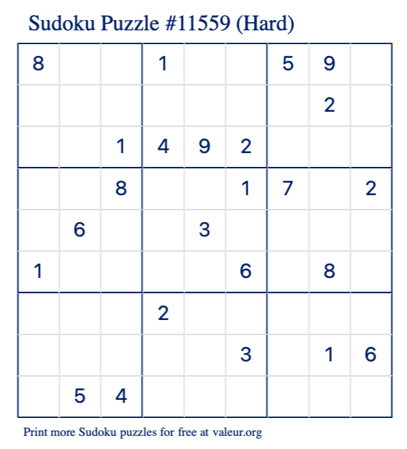 Free Printable Hard Sudoku Puzzle number 11559
