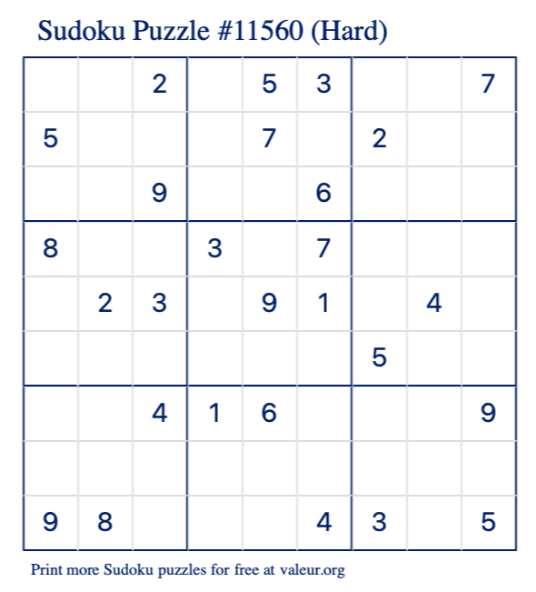 Free Printable Hard Sudoku Puzzle number 11560