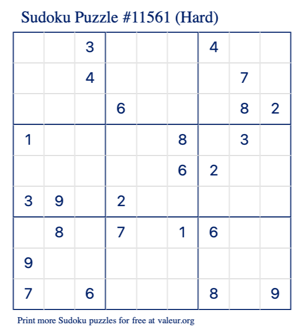 Free Printable Hard Sudoku Puzzle number 11561