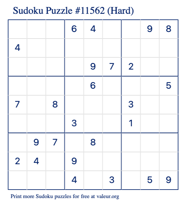 Free Printable Hard Sudoku Puzzle number 11562