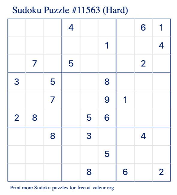 Free Printable Hard Sudoku Puzzle number 11563