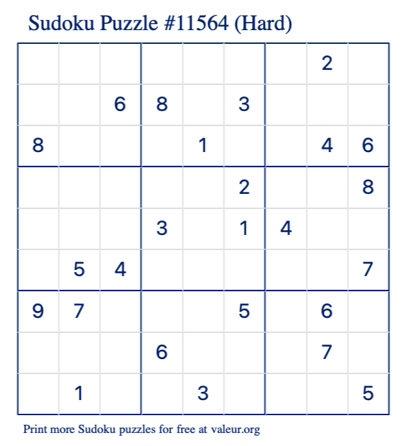 Free Printable Hard Sudoku Puzzle number 11564