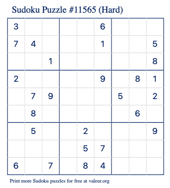 Free Printable Hard Sudoku Puzzle number 11565