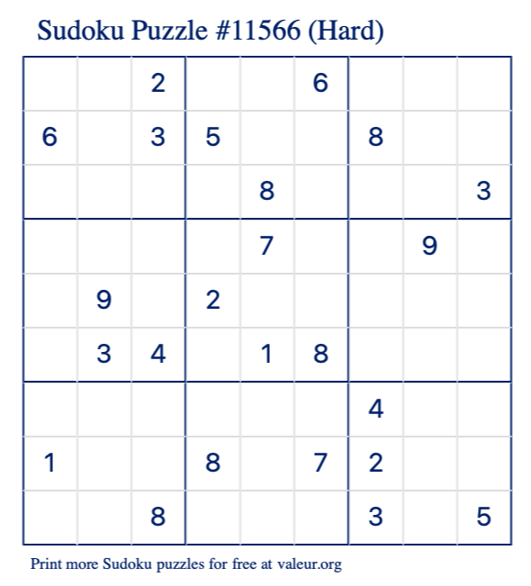 Free Printable Hard Sudoku Puzzle number 11566