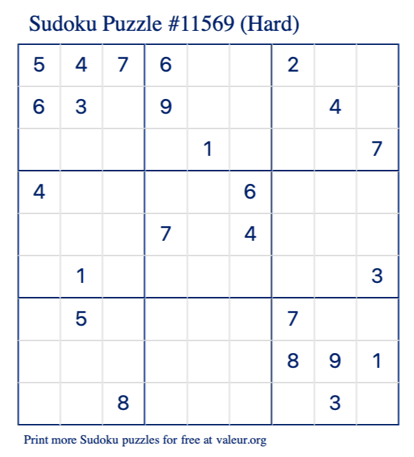 Free Printable Hard Sudoku Puzzle number 11569
