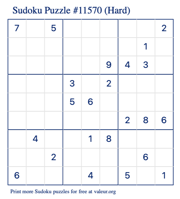 Free Printable Hard Sudoku Puzzle number 11570