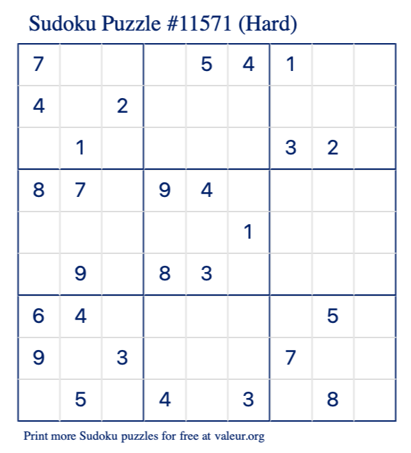 Free Printable Hard Sudoku Puzzle number 11571