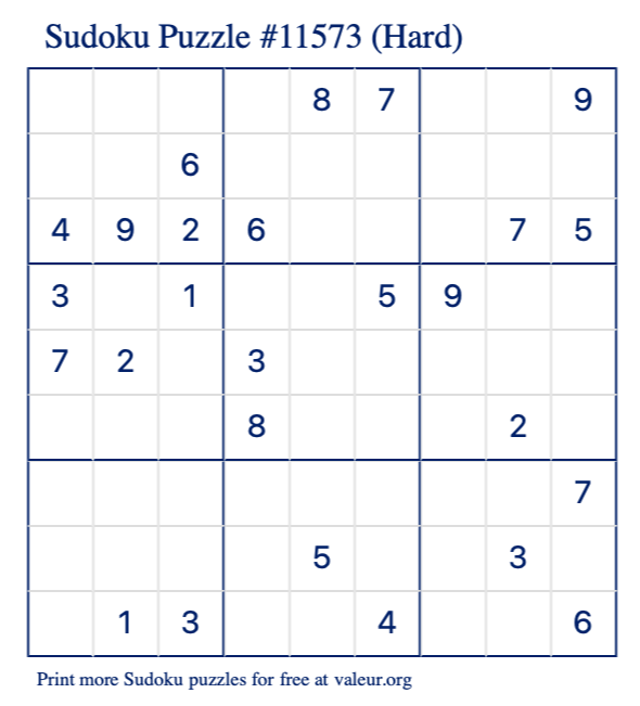 Free Printable Hard Sudoku Puzzle number 11573