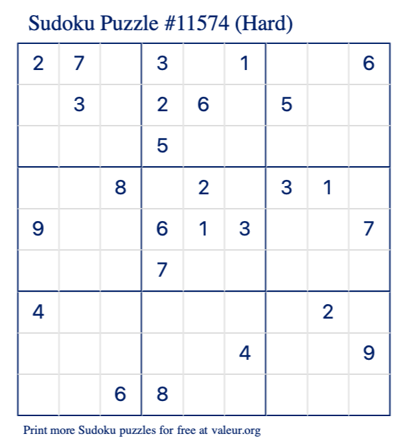 Free Printable Hard Sudoku Puzzle number 11574