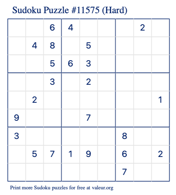 Free Printable Hard Sudoku Puzzle number 11575