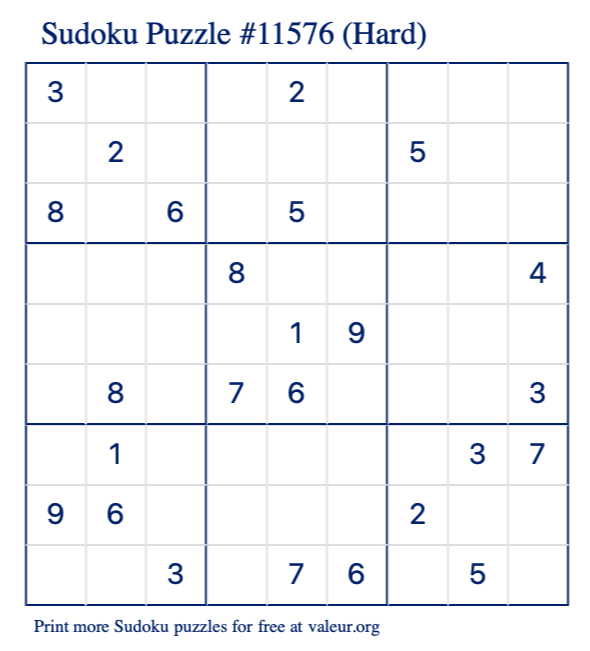 Free Printable Hard Sudoku Puzzle number 11576