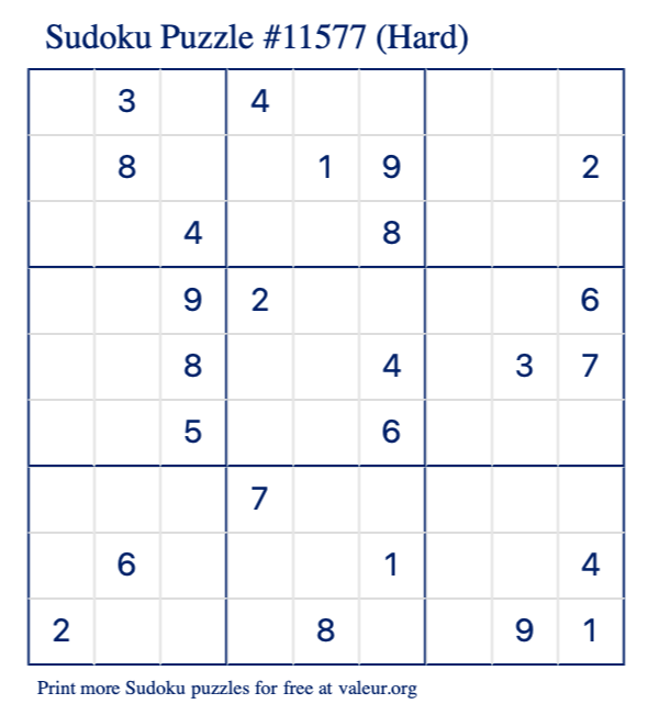Free Printable Hard Sudoku Puzzle number 11577