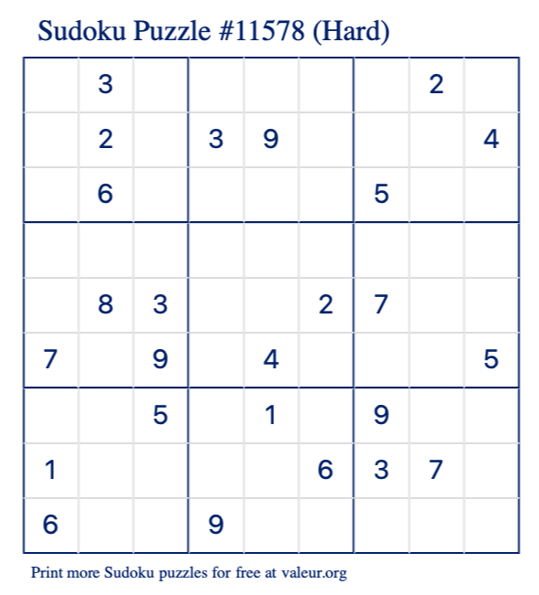 Free Printable Hard Sudoku Puzzle number 11578