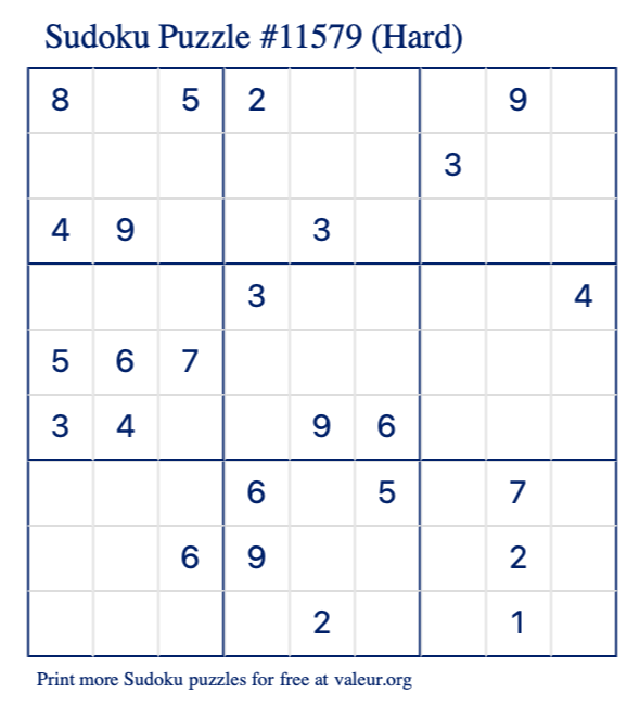 Free Printable Hard Sudoku Puzzle number 11579
