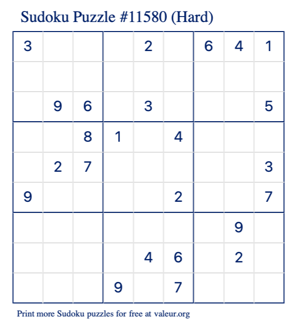 Free Printable Hard Sudoku Puzzle number 11580