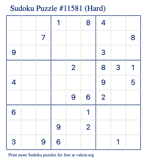 Free Printable Hard Sudoku Puzzle number 11581