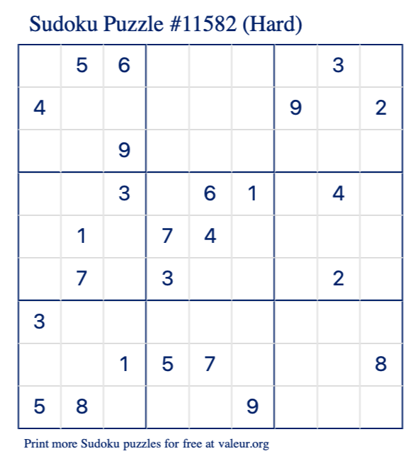 Free Printable Hard Sudoku Puzzle number 11582