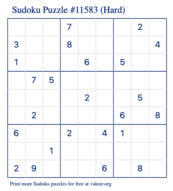 Free Printable Hard Sudoku Puzzle number 11583