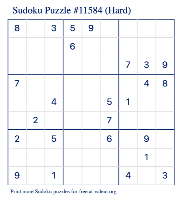 Free Printable Hard Sudoku Puzzle number 11584