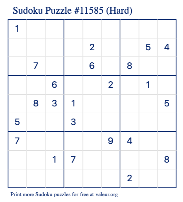 Free Printable Hard Sudoku Puzzle number 11585