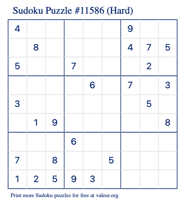Free Printable Hard Sudoku Puzzle number 11586