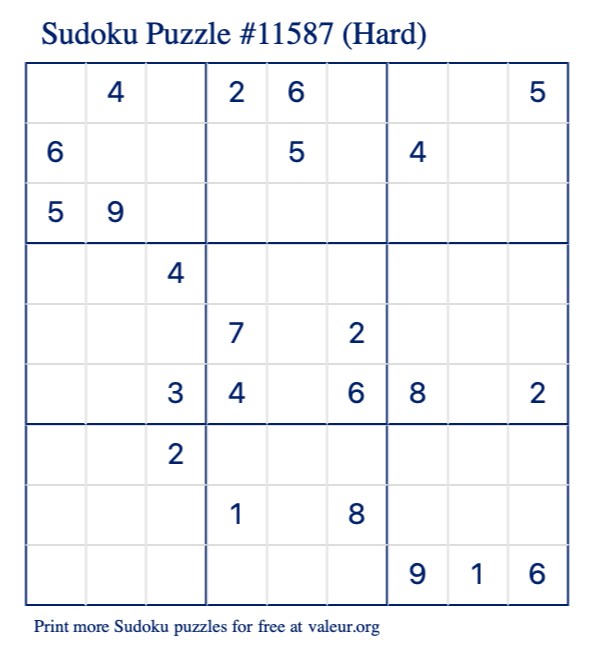 Free Printable Hard Sudoku Puzzle number 11587
