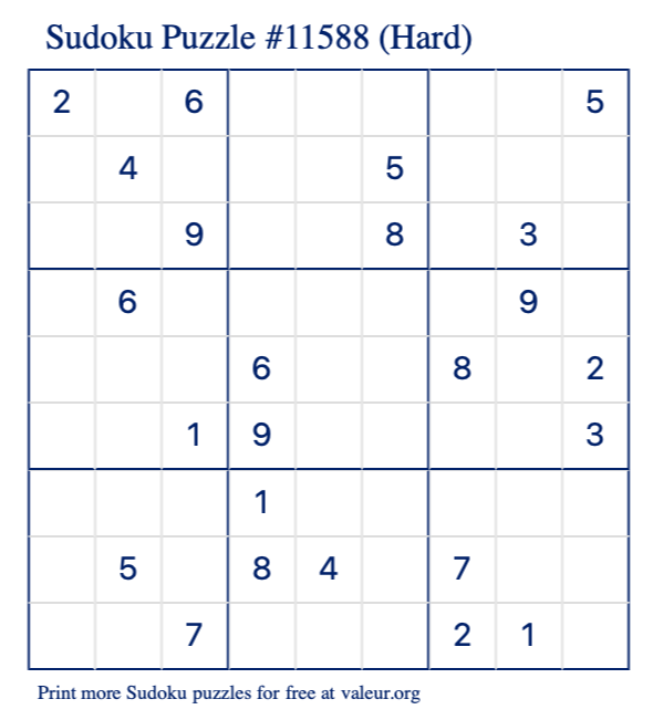 Free Printable Hard Sudoku Puzzle number 11588