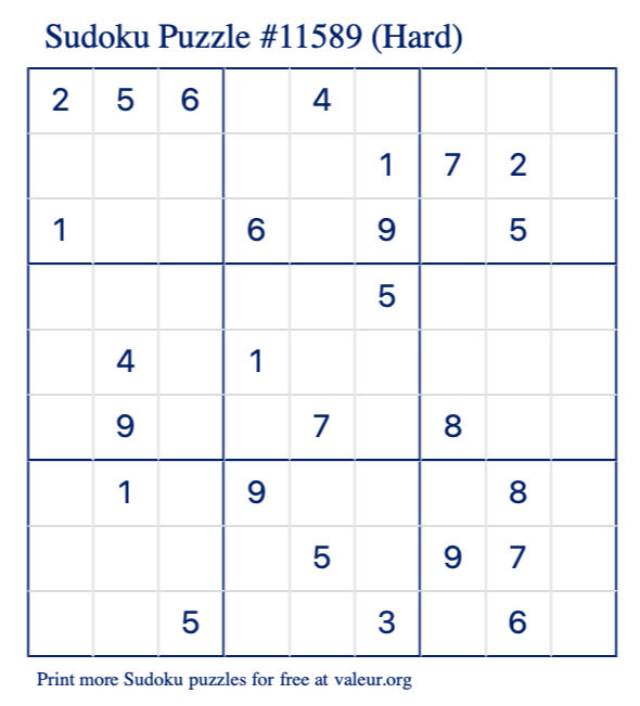 Free Printable Hard Sudoku Puzzle number 11589