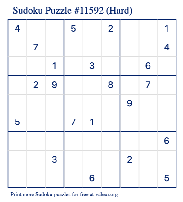 Free Printable Hard Sudoku Puzzle number 11592