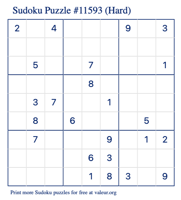 Free Printable Hard Sudoku Puzzle number 11593