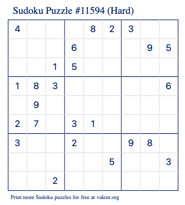 Free Printable Hard Sudoku Puzzle number 11594