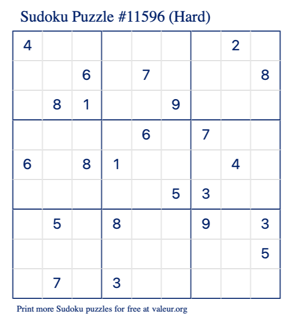 Free Printable Hard Sudoku Puzzle number 11596